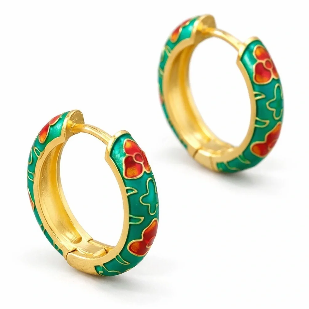 Green Floral Huggies Earrings (9016)